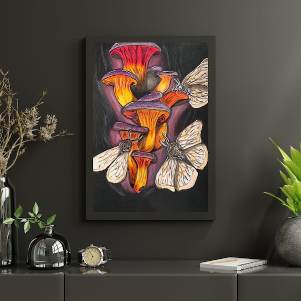 Mushroom and Moth Digital Download - Botanical Illustrations, Withcy Wall Art, Mushroom Printable, Occult Artwork, Original Painting, Moth
