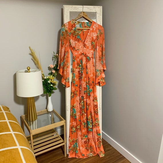 Algo-Ettes 1970s Coral Boho Prairie Dress