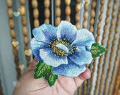 Blue Flower Hand Embroidered Brooch, Botanical Statement Jewelry, Inspired Nature, OAK, Handmade Gardening Gift