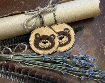 Cute bears earrings, handmade animal jewelry, circle earrings,statement jewellery