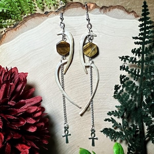 Bone earrings | rabbit rib bone and tiger eye dangle earrings | witchy earrings | bone jewelry
