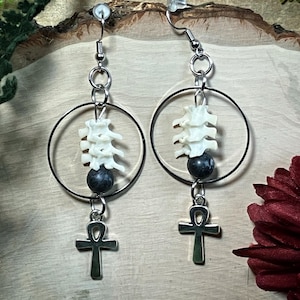 Bone earrings | snake vertebrae and zebra Jasper hoop earrings | witchy earrings | bone jewelry