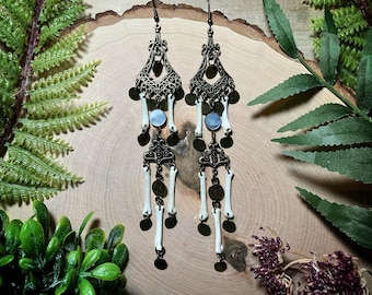 Bone earrings | raccoon foot bone and black lip shell chandelier earrings | bone jewelry | gothic earrings