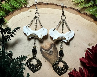 Bone earrings | fisher atlas vertebra and golden obsidian dangle earrings | gothic earrings | bone jewelry | vertebrae earrings