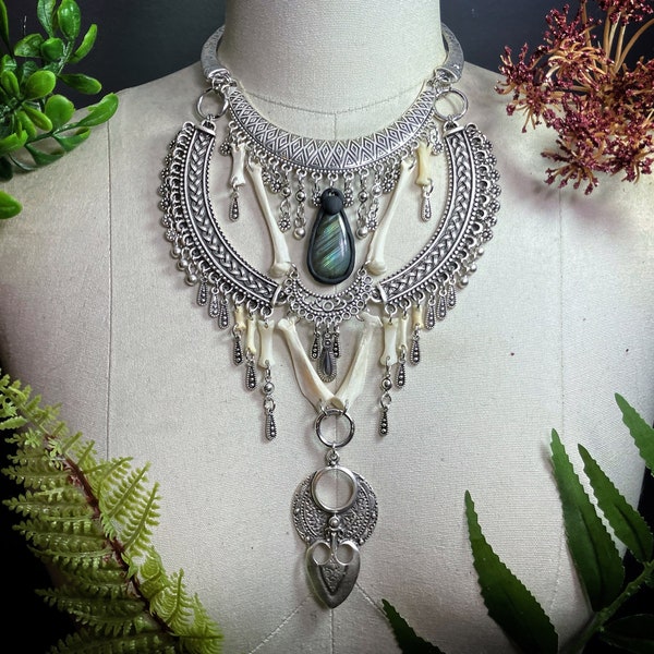 Bone necklace | animal bone and labradorite gothic statement necklace | bone jewelry | witchy necklace