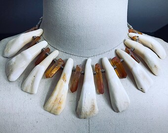 Buffalo tooth and tangerine aura quartz beaded necklace