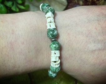 Bone bracelet | fish vertebrae and green dot jasper beaded bracelet | vertebrae bracelet | witchy jewelry