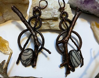 REAL copper electroformed twig and spiderweb jasper earrings
