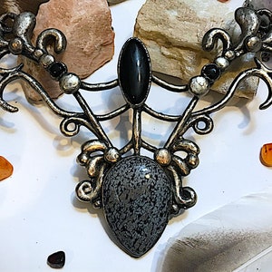 Silver plated copper, black obsidian, and snowflake obsidian filigree bib necklace
