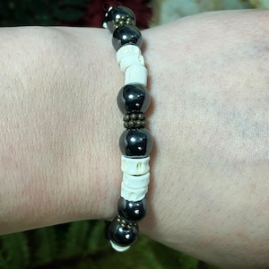 Bone bracelet | fish vertebrae and hematite beaded bracelet | gothic bracelet | bone jewelry
