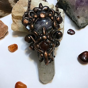 Copper electroformed hand sculpted filigree, amethyst, quartz crystal, red agate, and garnet pendant necklace