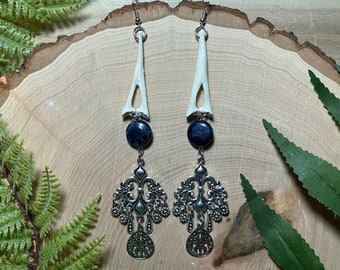 Bone jewelry | alligator chevron bone and sodalite earrings | bone earrings | witchy earrings