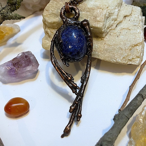 REAL copper electroformed maple seed branch and blue dyed sillimanite pendant necklace