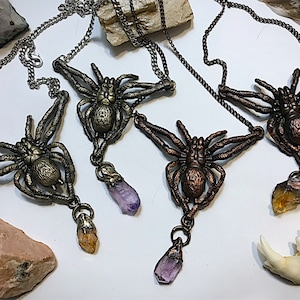 Copper tarantula pendant necklace with amethyst or citrine