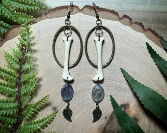 Bone earrings | opossum femur bone and fluorite hoop earrings | bone jewelry | witchy earrings