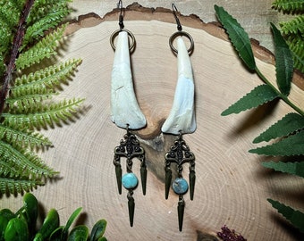 Bone jewelry | buffalo tooth and imperial jasper earrings | teeth earrings | gothic jewelry | bone earrings