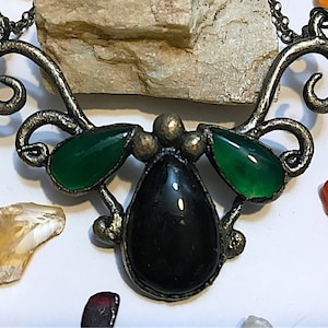 Silver plated copper hand sculpted filigree, obsidian, and green agate pendant necklace