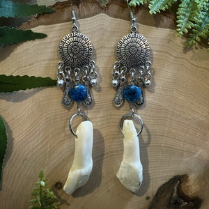 Bone jewelry | buffalo tooth and sesame jasper chandelier earrings | tooth earrings | gothic jewelry