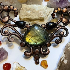 Copper electroformed hand sculpted filigree, labradorite, and obsidian bib necklace