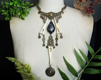 Bone necklace | alligator chevron bone and silver obsidian necklace | gothic necklace | bone jewelry