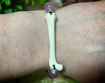 Bone jewelry | mink femur bone and strawberry quartz beaded bracelet | bone bracelet | witchy jewelry