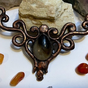 Copper electroformed hand sculpted filigree and black agate bib necklace