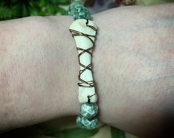 Bone bracelet | alligator foot bone and green dot jasper beaded bracelet | bone jewelry | witchy bracelet