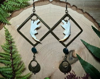 Bone earrings | muskrat jaw bone and moss agate hoop earrings | jaw bone earrings | gothic jewelry | bone jewelry