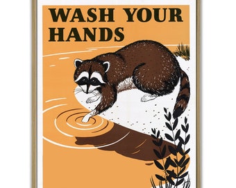 Wash Your Hands Poster, Vintage Bathroom Sign, Bathroom Sink Print, Raccoon Sign,  Public health poster