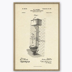 May include: A black and white line drawing of a patent for a toilet design. The patent is titled "Ventilation of Water Closets" and is dated October 29, 1901. The patent number is 685,483.