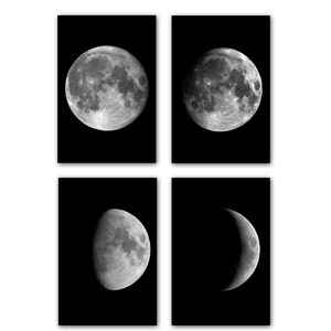 Moon Phases Print Set of 4, Living Room Decor, Moon Wall Art Print, Moon Poster, Moon Phases Photo Set of 4, Large Wall Art Print
