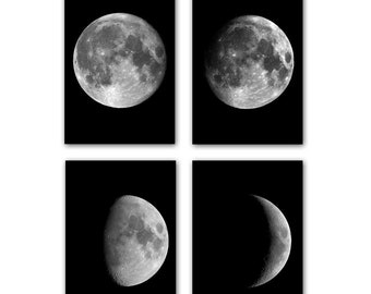 Juego de 4 impresiones de fases lunares, decoración de sala de estar, impresión de arte de pared de luna, póster de luna, juego de 4 fotografías de fases lunares, impresión de arte de pared grande