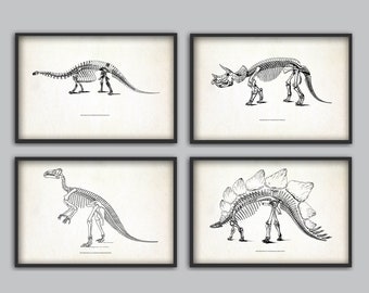 Dinosaur print set van 4, dinosaurus skelet, prehistorisch, fossiele boek plaat illustratie, paleontologie, jongens slaapkamer, geologie student