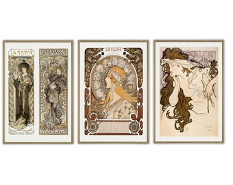 Alphonse Mucha Prints Set of 3,  Art Nouveau Posters, Gallery Wall Set, Old French Art, Art Nouveau Decor, Victorian Art, Mucha Poster