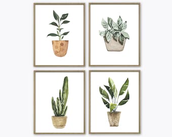 Plants Painting Print Set, Watercolor Plant Art Print Set of 4, Botanical Home Decor, Green Plant Home Decor