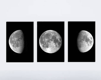 Moon Phases Wall Art Print Set of 3, Moon Bedroom Decor,  Moon Phases Photo, Large Wall Art, Black and White Decor