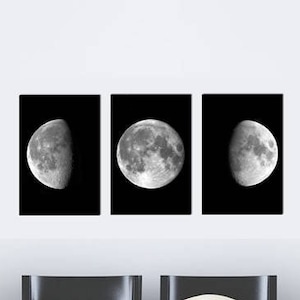 Moon Phases Wall Art Print Set of 3, Moon Bedroom Decor, Moon Phases Photo, Large Wall Art, Black and White Decor image 1