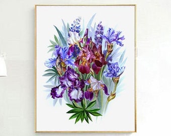 Iris Painting Flower Print, Blue Iris, Watercolor Painting Print, Garden Flower Art, Botanical Illustration, Watercolour Flower Art