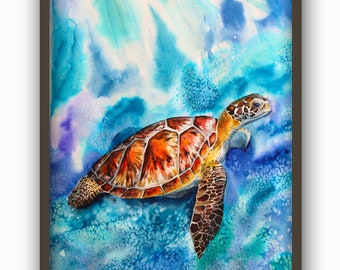 Turtle Watercolor Painting Print, Sea Animals Wall Art Print Turtle Marine Poster