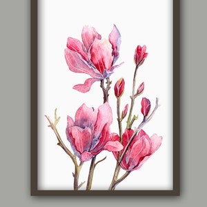 Flower Print, Magnolia Print, Flower Wall Decor, Botanical Illustration Art, Pink Flower Art, Magnolia Watercolor Painting Print