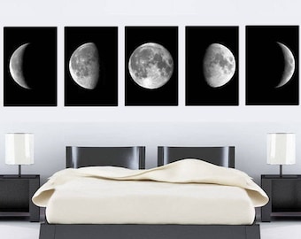 Mondphasen Print - Mond Wandkunst - Vollmond - Schwarz und Weiß - Minimalismus - Mond Poster - 5er SET - Mond Dekor - Mond Foto