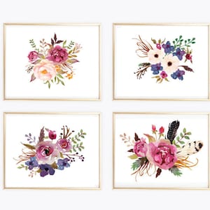 Watercolor Flowers Print Set of 4, Botanical Home Decor, Flower Painting Set, Floral Wall Art