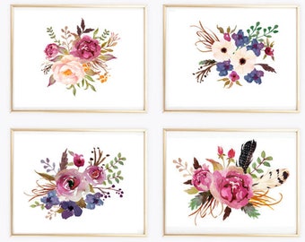 Watercolor Flowers Print Set of 4, Botanical Home Decor, Flower Painting Set, Floral Wall Art