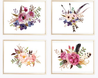 Botanical art print Set of 4 floral print watercolor print flowers arrows feathers wall art print watercolor poster print