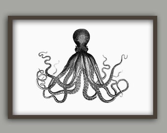 Lámina de pulpo en blanco y negro, arte minimalista para el baño.