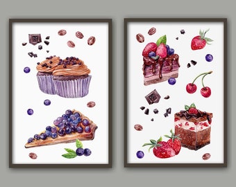 Cakes Prints, Kitchen Wall Art Decor, Sweet Desserts, Watercolour Painting Print, Food Poster, Set of 2