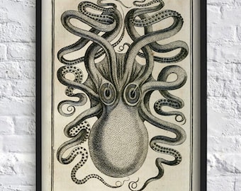 Estampado antiguo de pulpo, estampado de monstruo kraken, decoración de pared, estampado de animales marinos, estampado marino, decoración minimalista en blanco y negro para el hogar