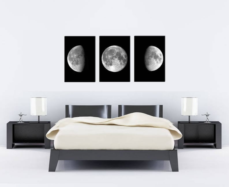 Moon Phases Wall Art Print Set of 3, Moon Bedroom Decor, Moon Phases Photo, Large Wall Art, Black and White Decor image 1