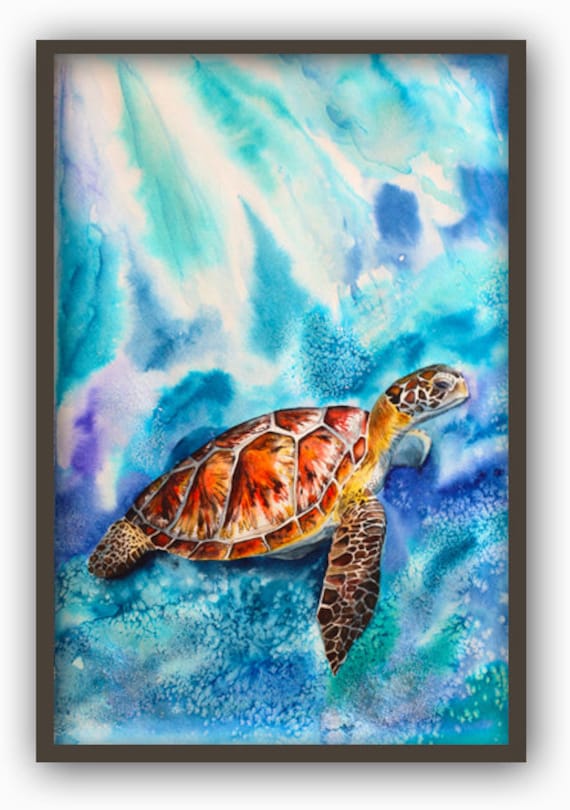 Turtle Watercolour Painting Print Turtle Bathroom Decor Sea Etsy