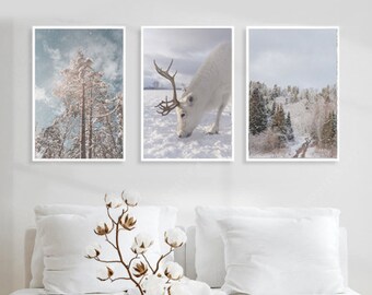 Winter Print Set, Christmas Wall Art, winter Landscape Prints, Christmas Gallery Wall,  Deer Print, Christmas Art, Winter Photography Print